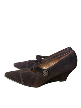 Fugitive by Francesco Rossi Pointed Toe Mary Jane Wedge Pump Dark Brown Suede 40